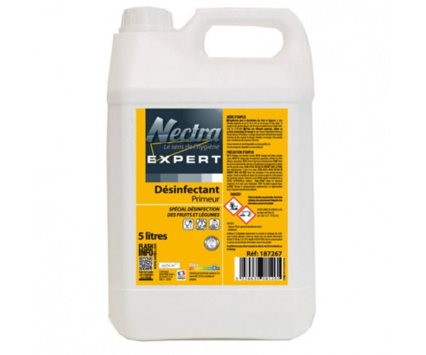 Désinfectant PRIMEUR EXPERT 5 L. Solution chlorée pour crudités et fruits. Conforme à la législation alimentaire. Hypochlorite 2