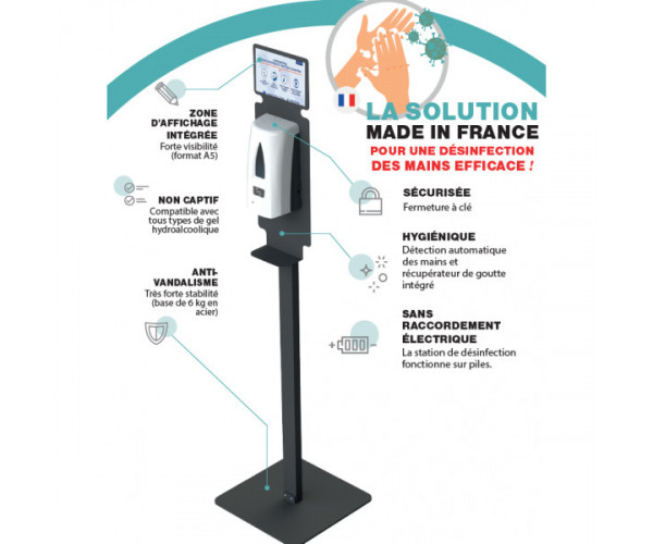 Station désinfection mains Yaliss blanc – Distributeur automatique 1 L sur pied Made in France
